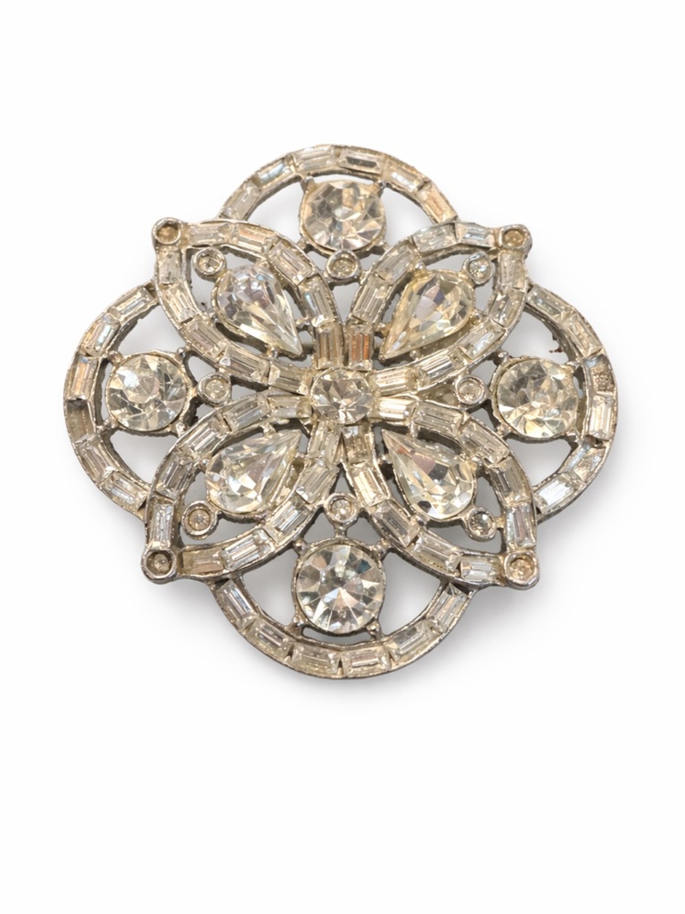 Vintage Rhinestone Brooch Silver Tone Clear Crystal Floral Filigree Pin